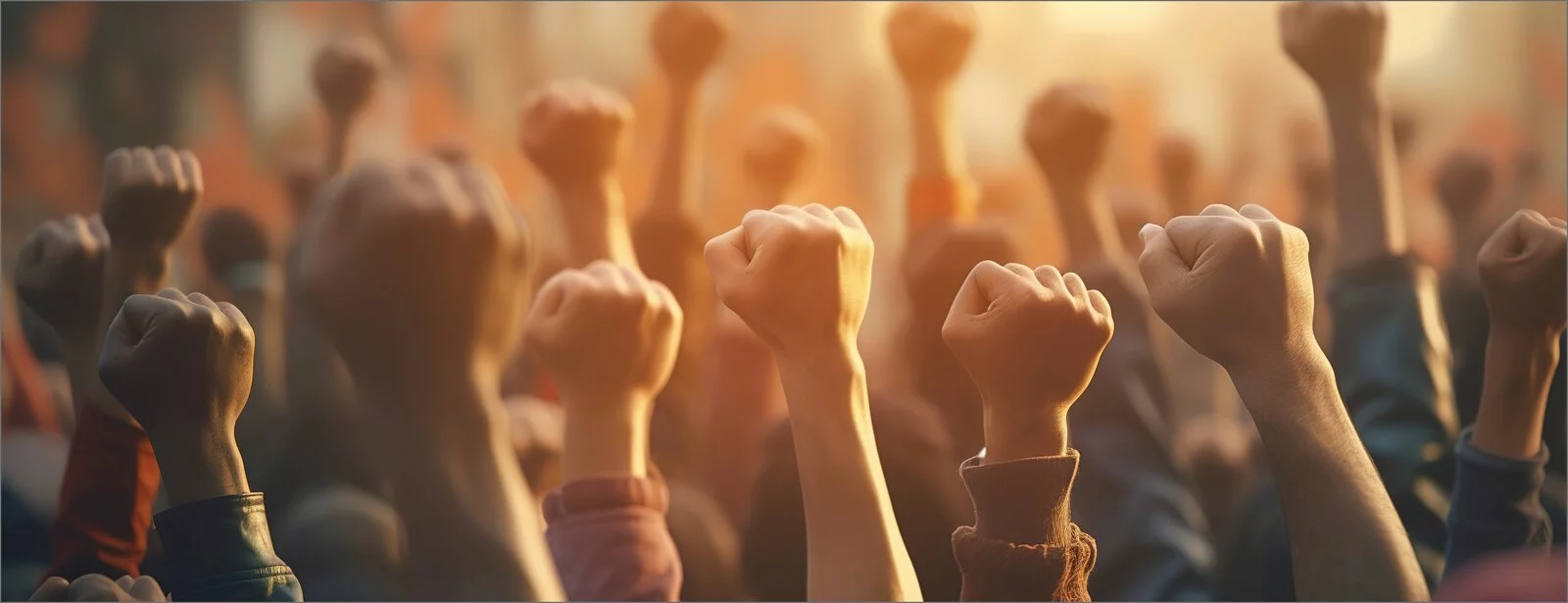 Racially diverse crowd of hands in the air into a fist in solidarity with one another