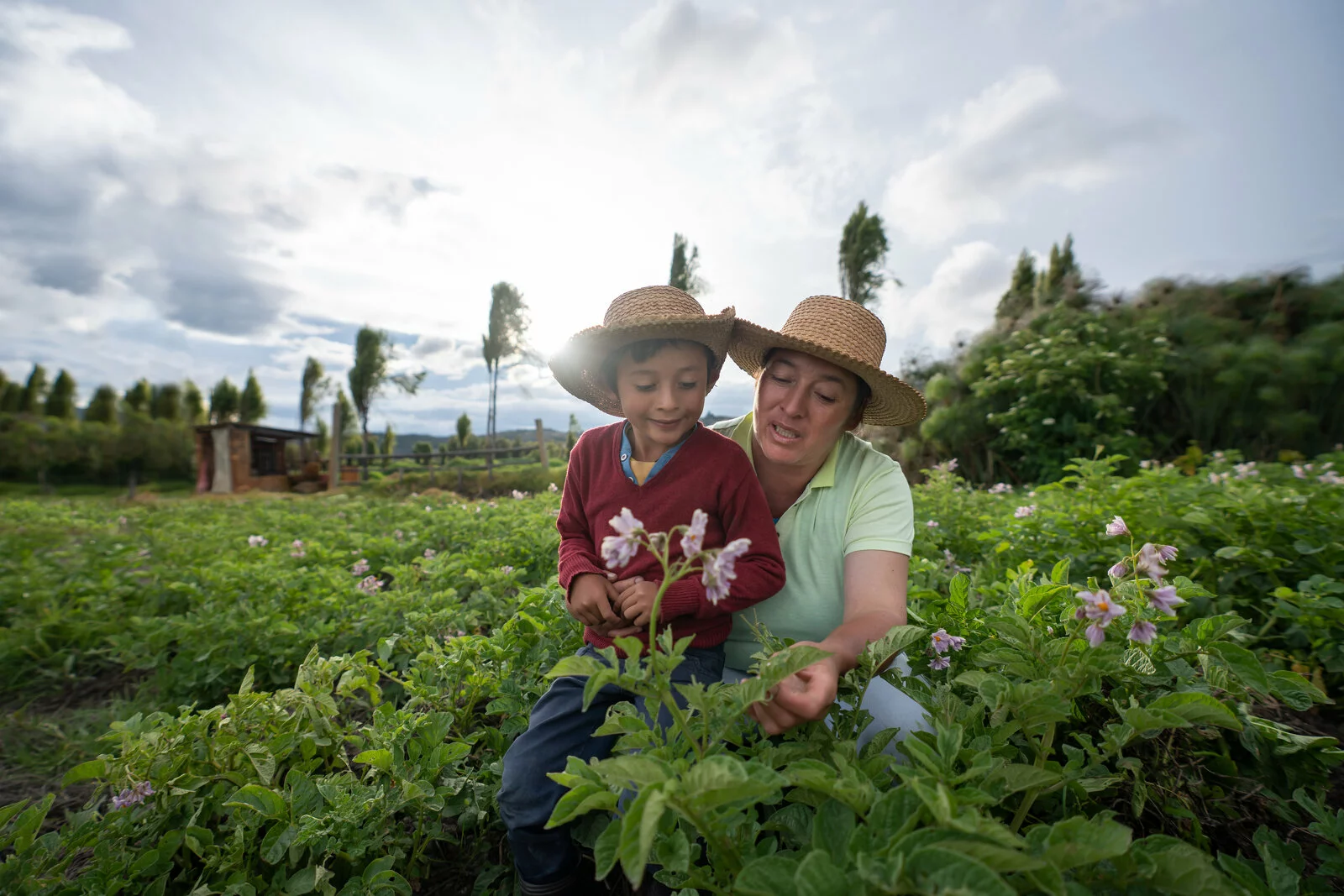 Latine woman happily shows her grandson about local flowers and herbs in her garden